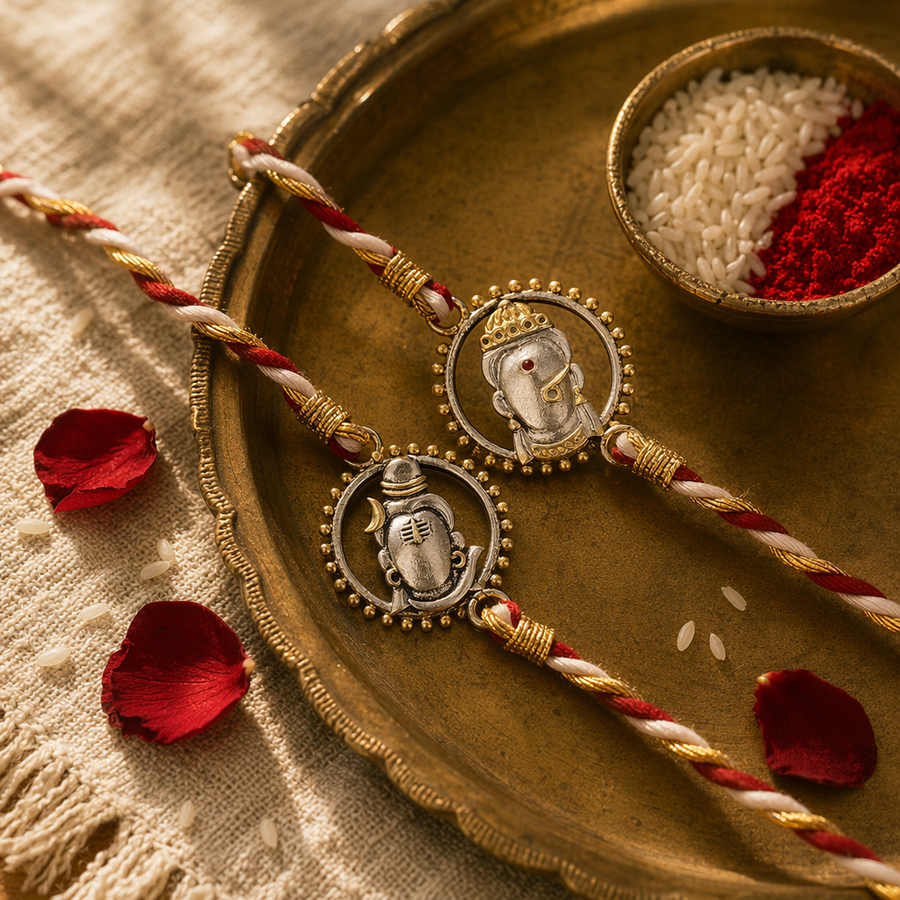 Handcrafted Trishul & Ganesha — Bhaiya-Bhabhi Rakhi Set