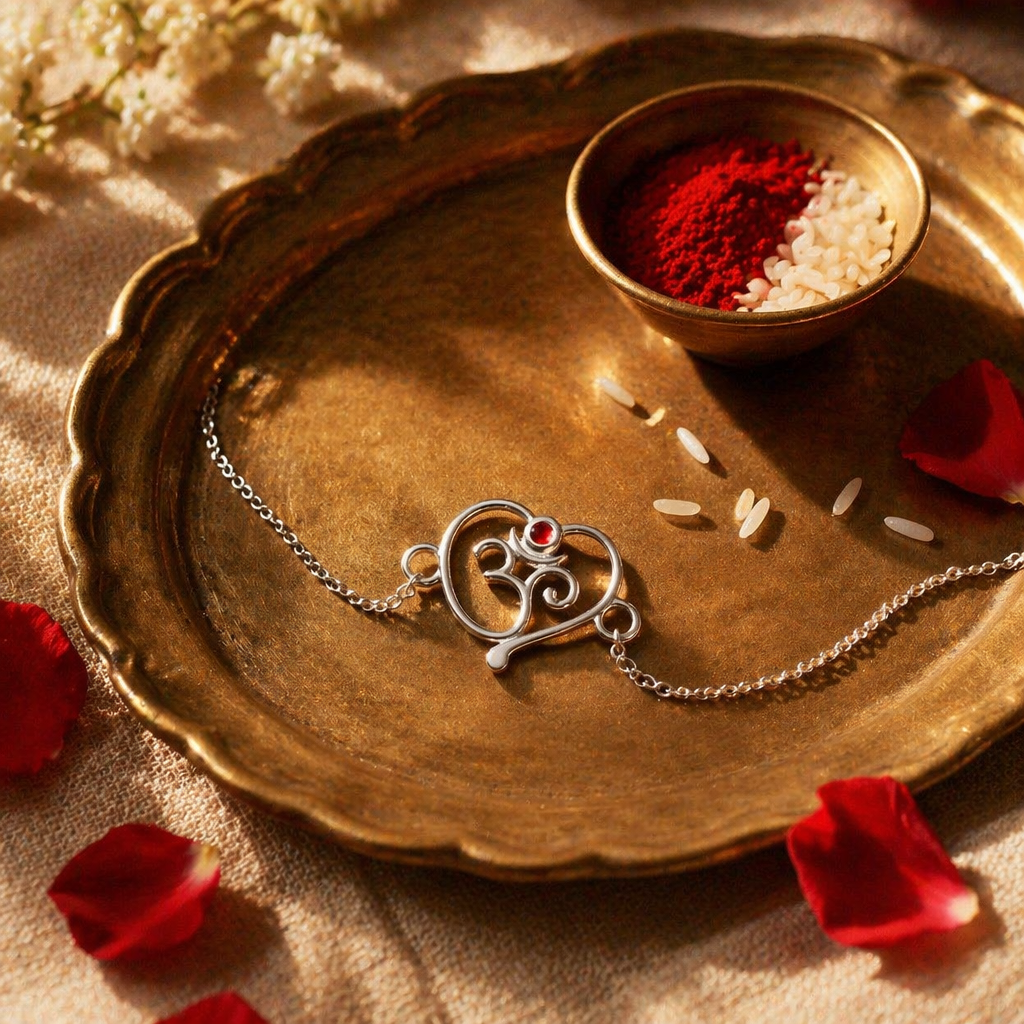 Handcrafted Heart & Om — Sterling Silver Chain Rakhi