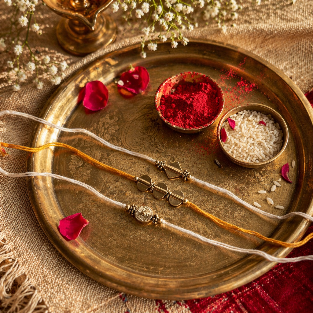 Hand-Strung Cast Brass — Beaded Trio Rakhi