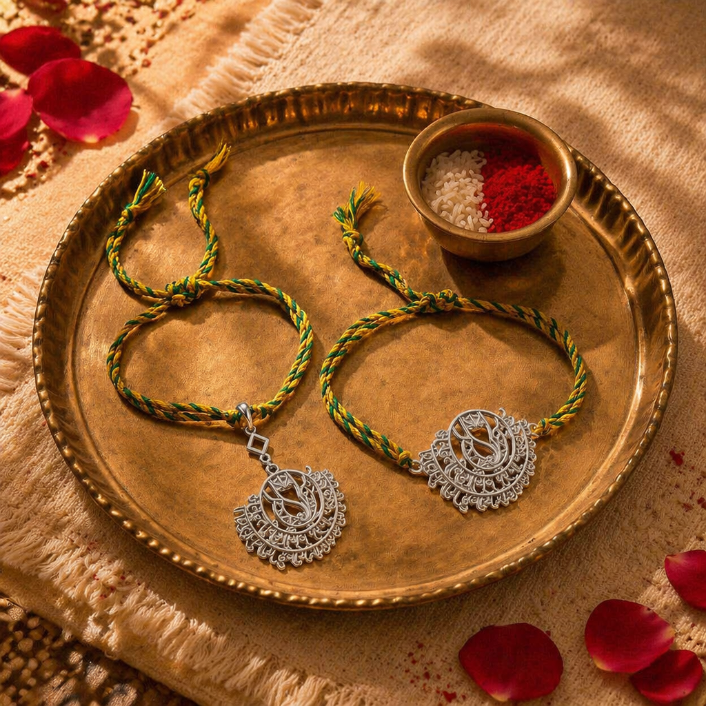 Hand-Finished Sterling Ganesha — Bhaiya-Bhabhi Rakhi Set