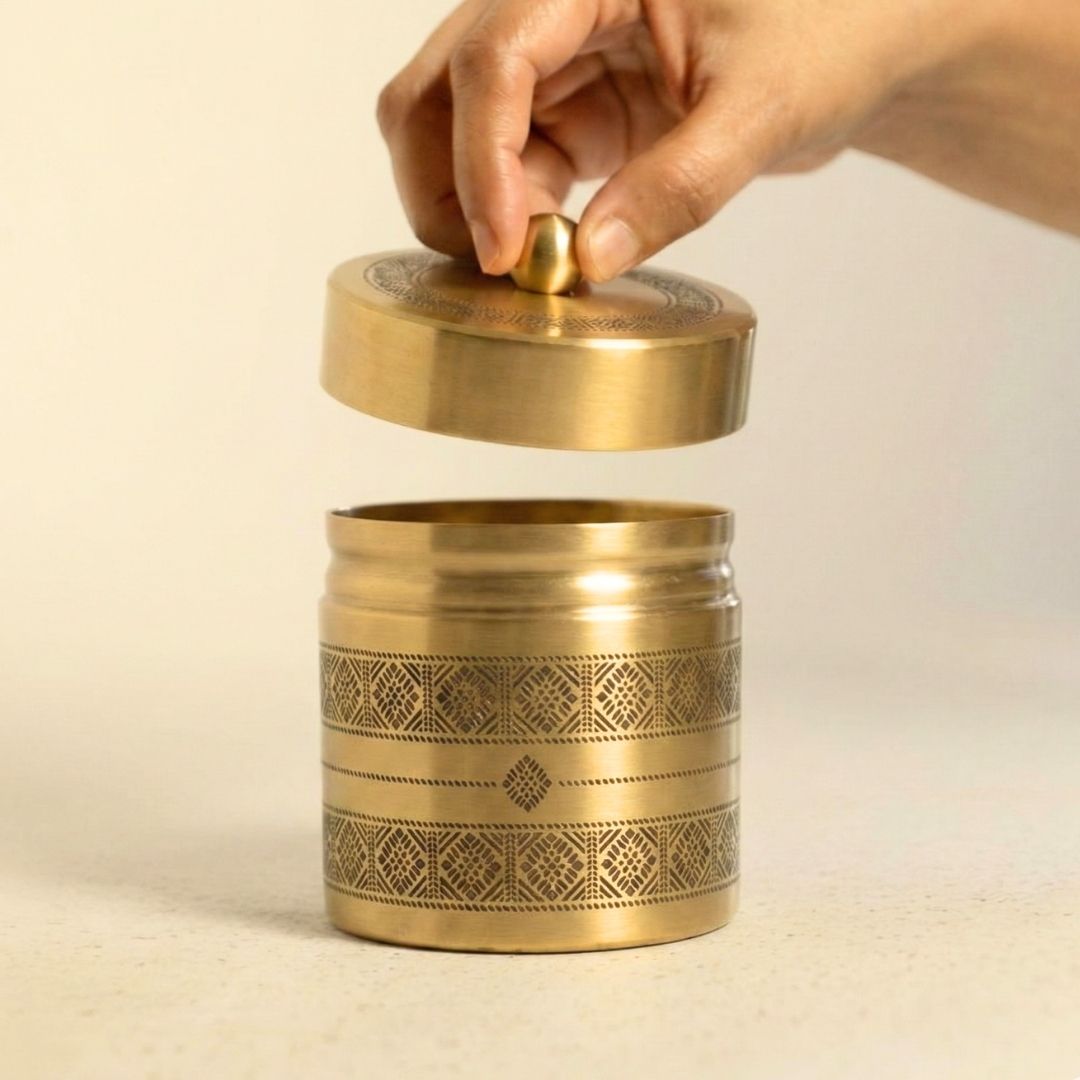 Kitchen Jar for Tea, Sugar or other storage made with Pure Brass in a Kanjeevaram design theme