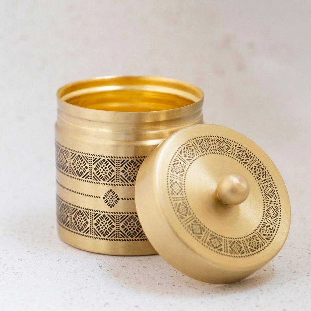 Kitchen Jar for Tea, Sugar or other storage made with Pure Brass in a Kanjeevaram design theme