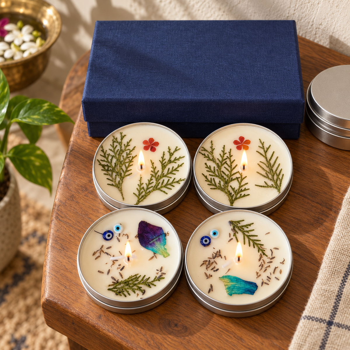 Lavender and Lemongrass Tin Candle Gift Box, Set of 4, on a teak console in daylight