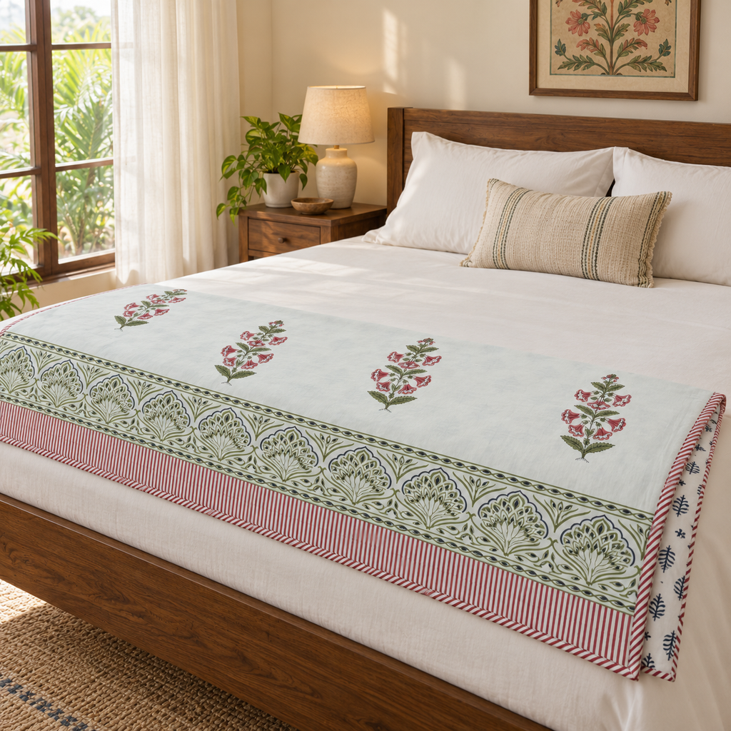Pink Floral Buta Dohar, folded at the foot of a made bed