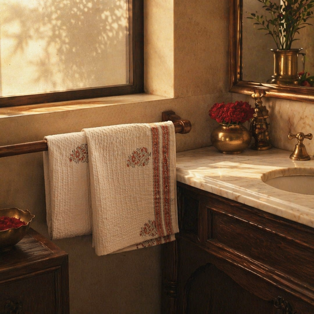Block-Printed Off White and Peach Towel Set, The Linen Room. Handmade in India by House of Taraasha.