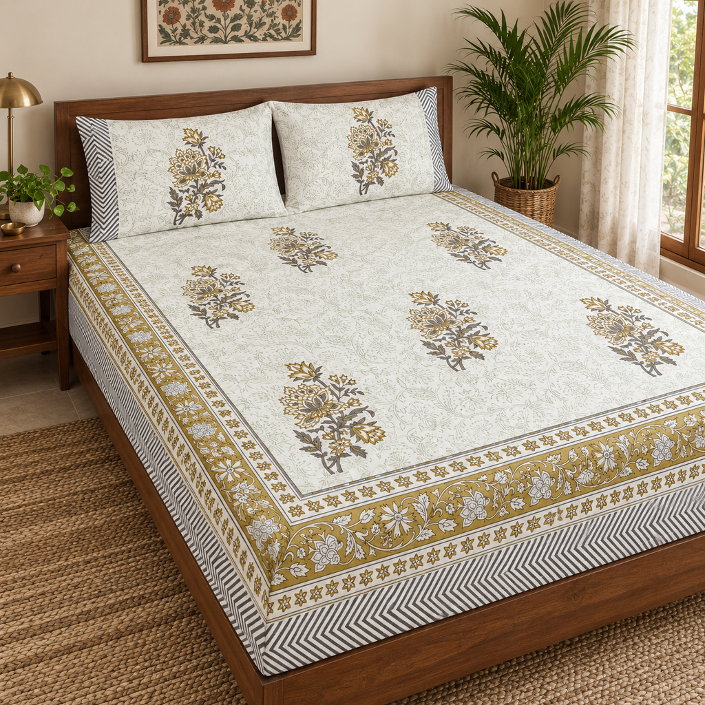 Grey Gold Floral Bedsheet Set, on a made double bed in a bright bedroom