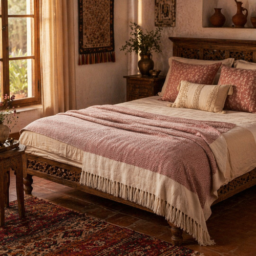 Chevron Pink Handwoven Pure Cotton Throw, The Linen Room. Handmade in India by House of Taraasha.