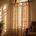 Chintz Sheer Off-White, Brick Red and Navy Striped Floral Curtain, The Draped Window. Handmade in India by House of Taraasha.