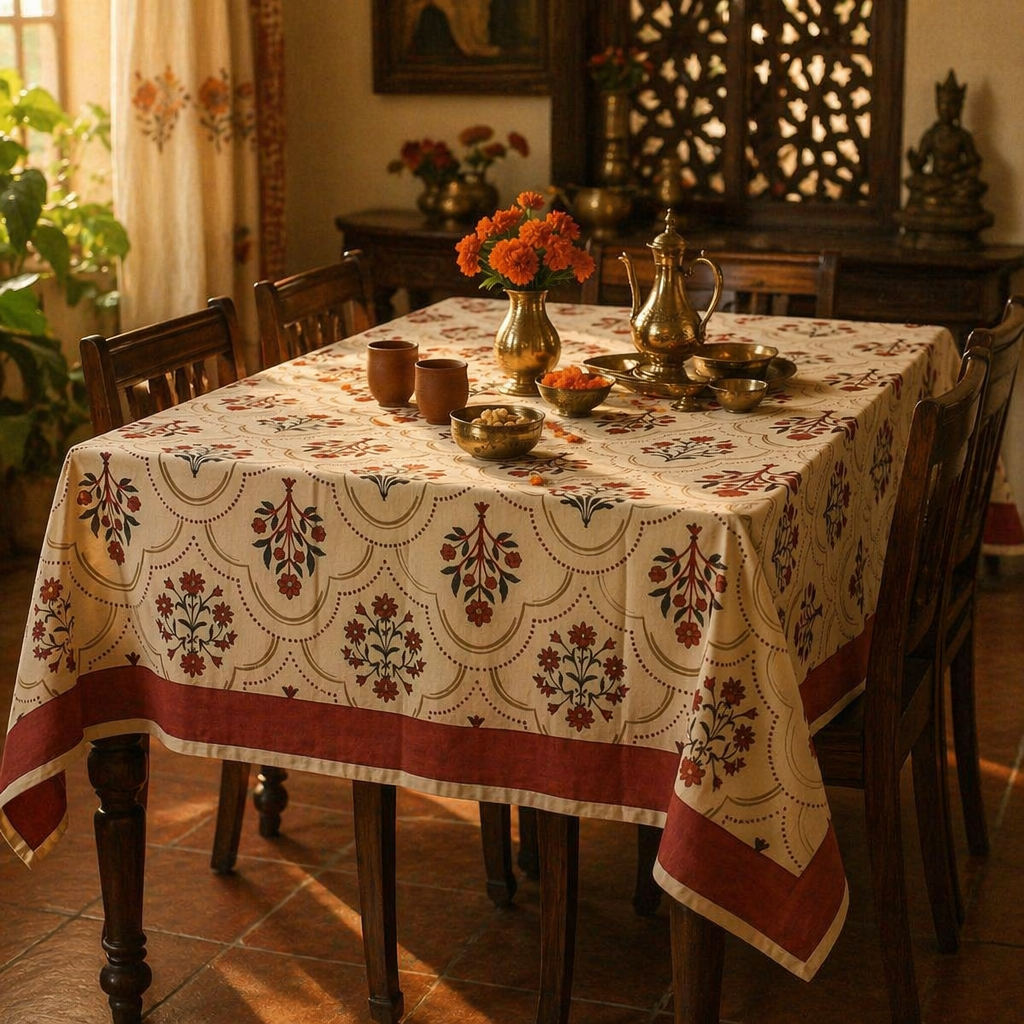 Rust & Maroon Ornate Floral Cotton Tablecloth, The Gathered Table. Handmade in India by House of Taraasha.