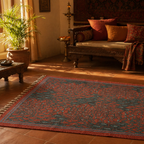 Maroon, Navy and Green Chintz Floral Block-Printed Cotton Rug, The Woven Floor. Handmade in India by House of Taraasha.