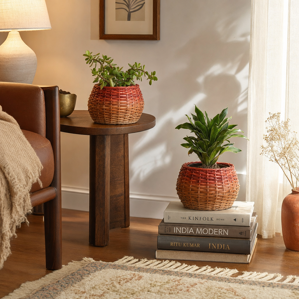 Rust and Brown Kashmiri Willow Wicker Planters in a modern home
