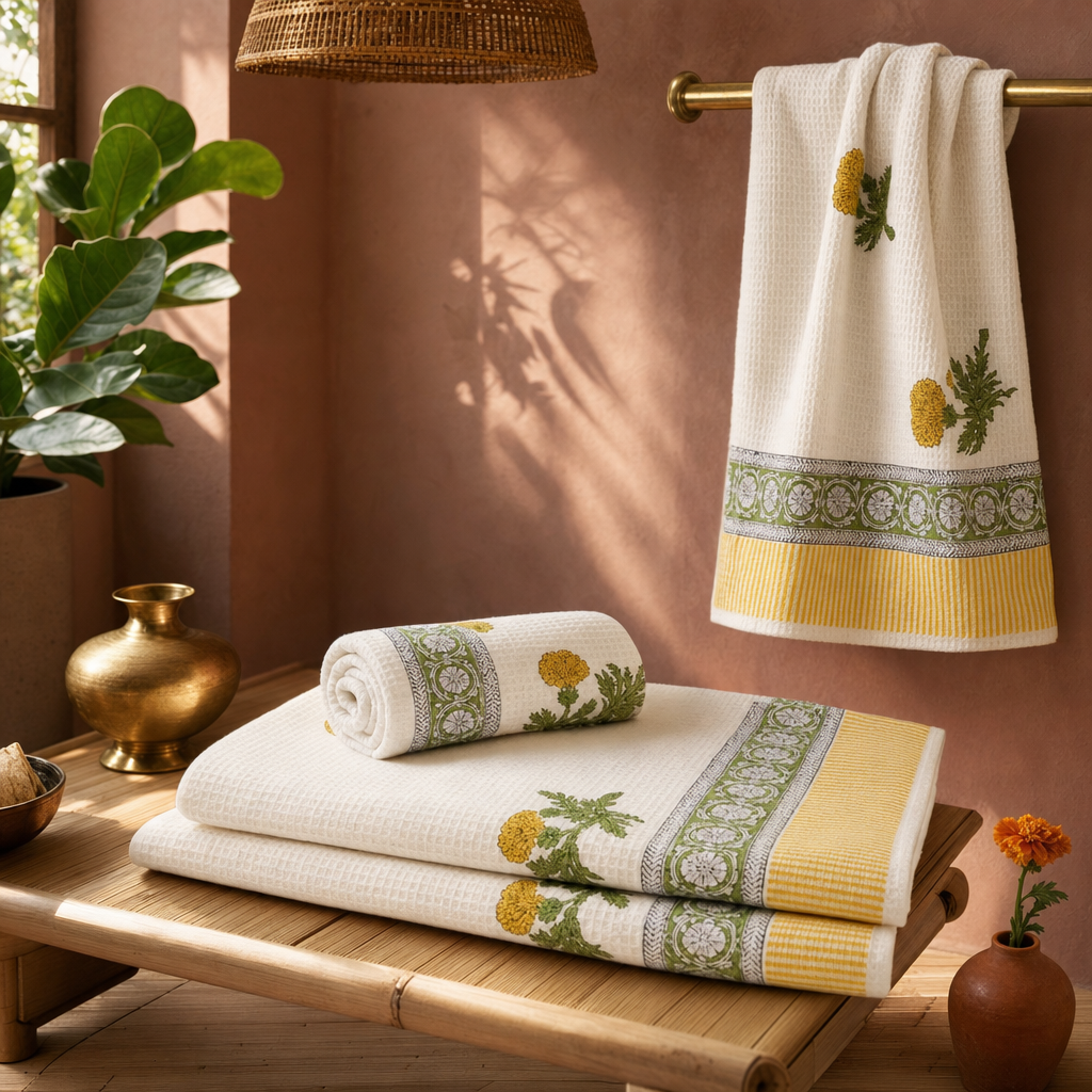 Marigold Pattern Hand Block-Printed Cotton Towels in a modern home