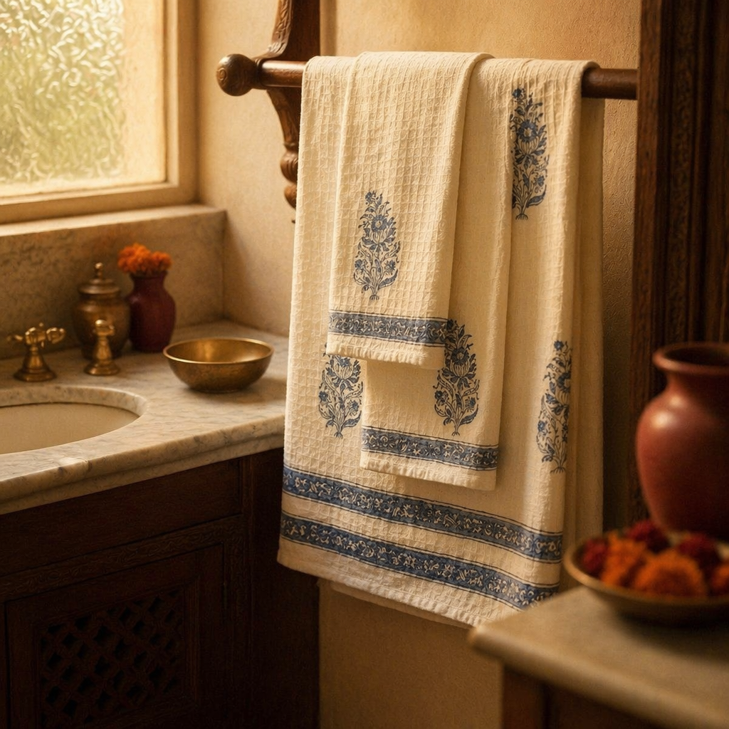 Off White and Blue Hand Block-Printed Towel Set, The Linen Room. Handmade in India by House of Taraasha.