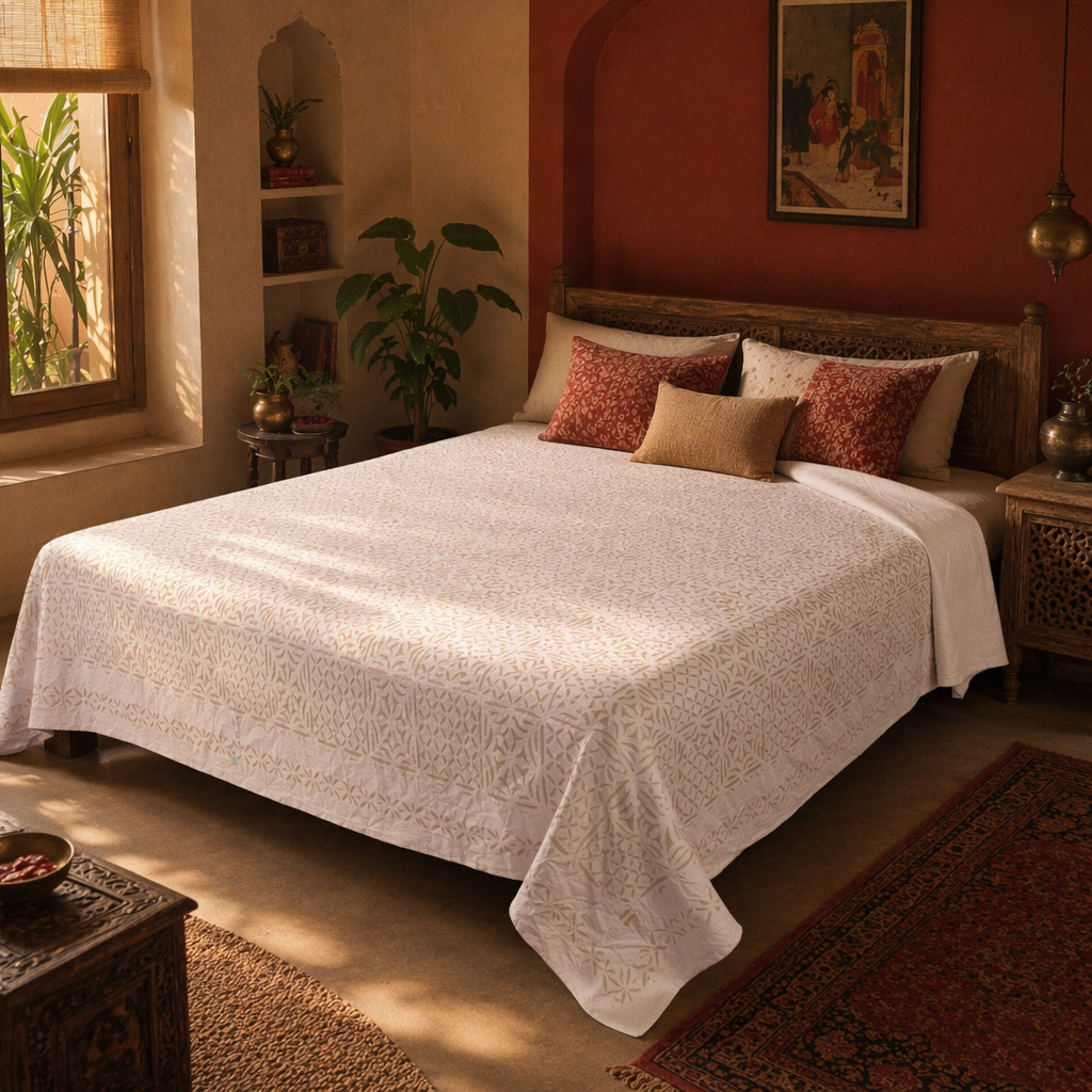 White Cutwork Appliqué Cotton Bed Cover, The Linen Room. Handmade in India by House of Taraasha.