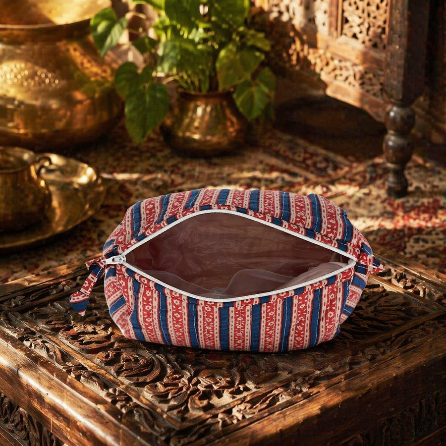 Quilted Block-Print Pouch Red and Blue, Large, The Gift Room. Handmade in India by House of Taraasha.