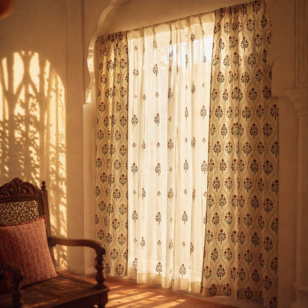 Royal Courtyards Rust & Maroon Printed-Sheer Set of Four, The Draped Window. Handmade in India by House of Taraasha.