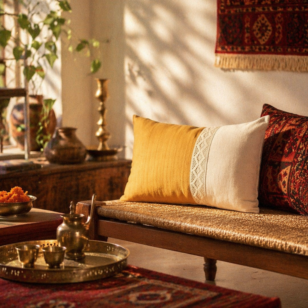 Crochet-Flap Mustard and Off-White Rectangular Cushion Cover, The Living Room. Handmade in India by House of Taraasha.