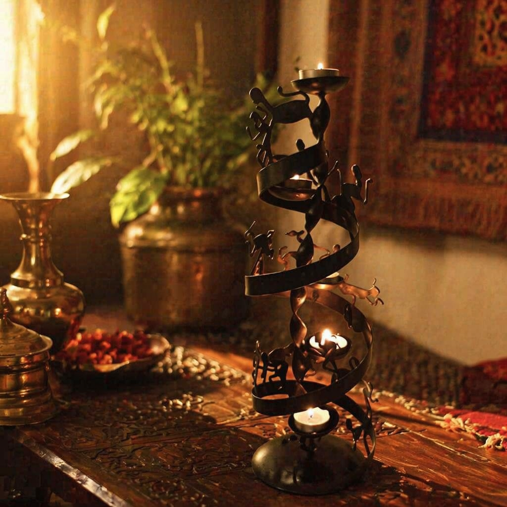Bastar Wrought Iron Spiral Tealight Holder, Still Light. Handmade in India by House of Taraasha.