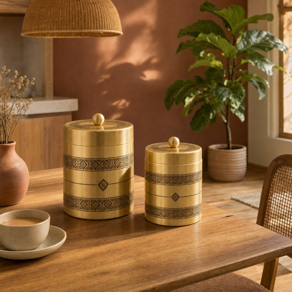 Kanjeevaram Brass Kitchen Jar Duo in a modern home