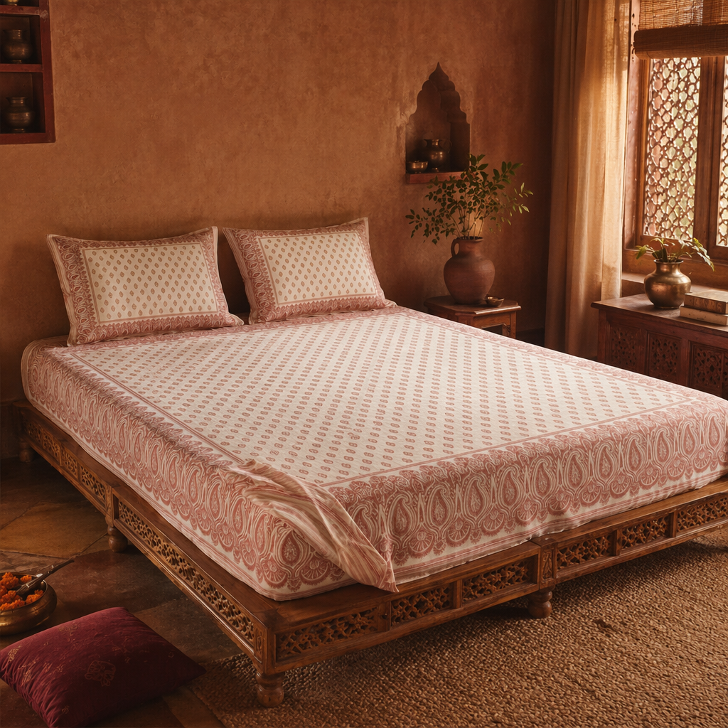 Sanganer Hand-Printed Cotton Bedsheet, Peach & Ivory, The Linen Room. Handmade in India by House of Taraasha.