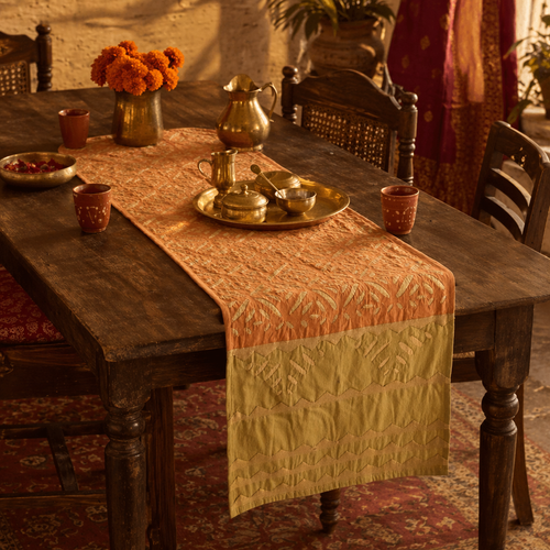 Applique Cutwork Runner Coral and Sage Green, The Gathered Table. Handmade in India by House of Taraasha.