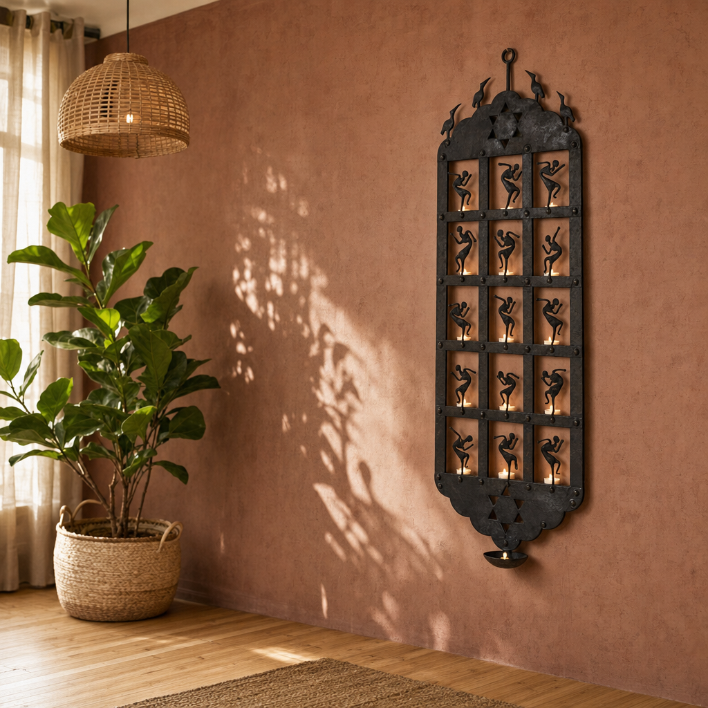 Bastar Wall Stand Lohshilp Tribal Iron Tea Light in a modern home