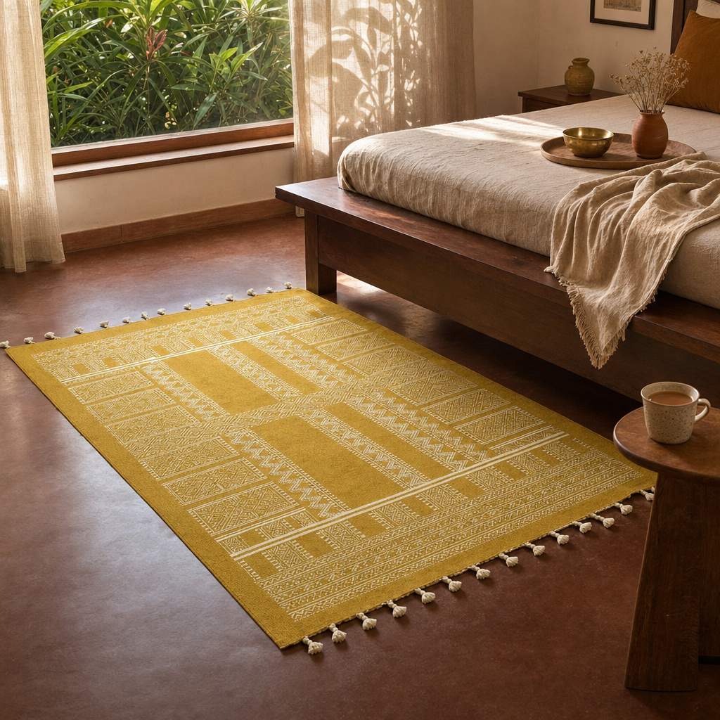 Mandana Mustard Hand-Printed Tribal Pattern Cotton Rug in a modern home
