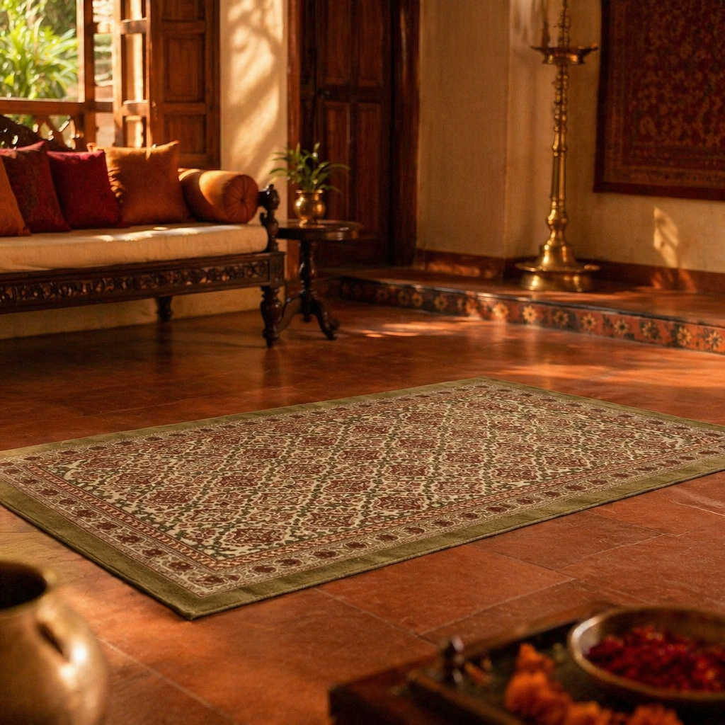 Ivory and Rust Hand Block-Printed Cotton Floor Rug, The Woven Floor. Handmade in India by House of Taraasha.