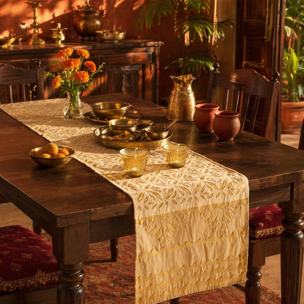Applique Cutwork Runner Off-White and Taupe, The Gathered Table. Handmade in India by House of Taraasha.