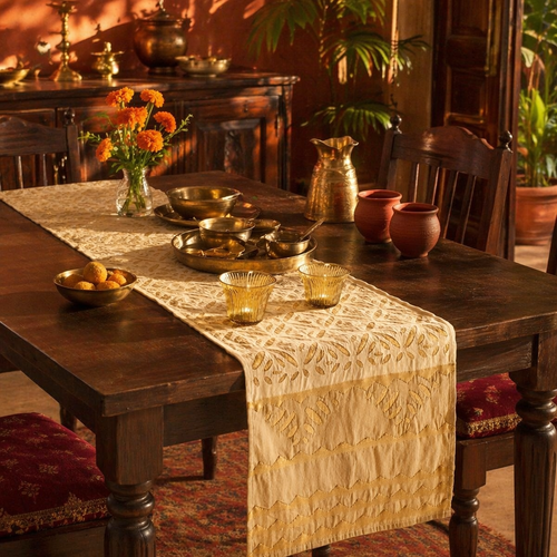 Applique Cutwork Runner Off-White and Taupe, The Gathered Table. Handmade in India by House of Taraasha.