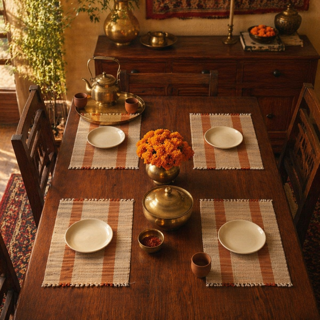 Rust & Off-White Madur Grass Table Mat, The Gathered Table. Handmade in India by House of Taraasha.