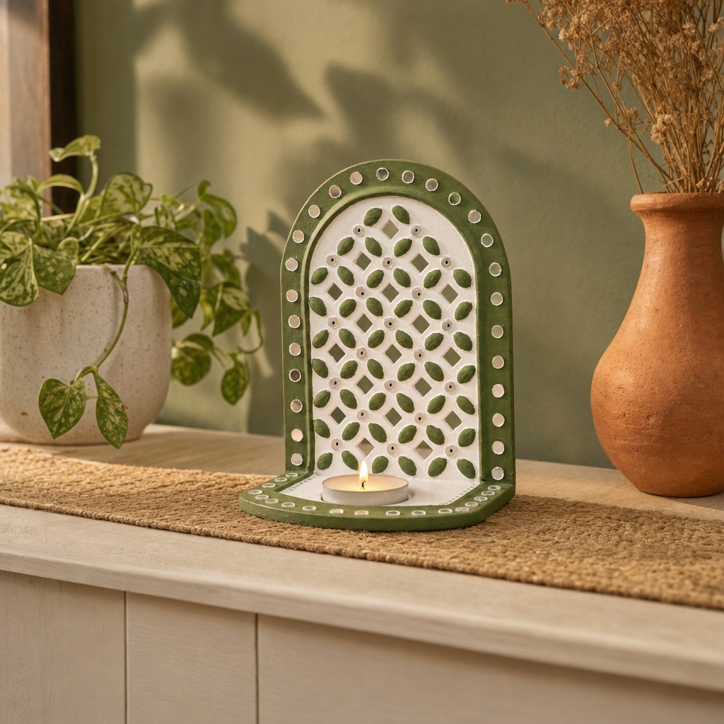 Green Lippan Mud and Mirror Tea Light Holder in a modern home