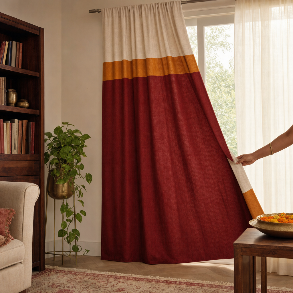 Reversible Maroon and Off-White Door Curtain in a modern home