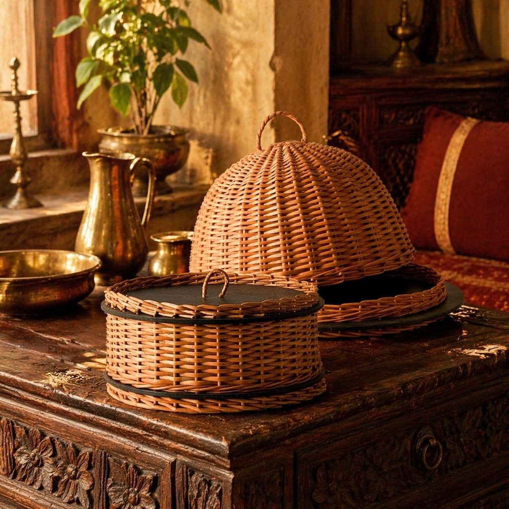 Kashmir Willow Storage Box & Cloche Platter, The Wicker House. Handmade in India by House of Taraasha.
