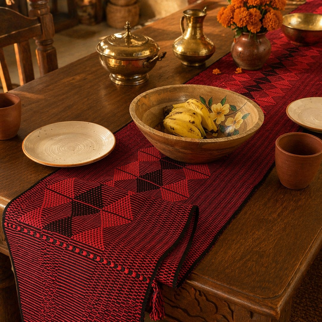 Red & Black Arrowhead Naga Backstrap-Woven Runner, The Gathered Table. Handmade in India by House of Taraasha.