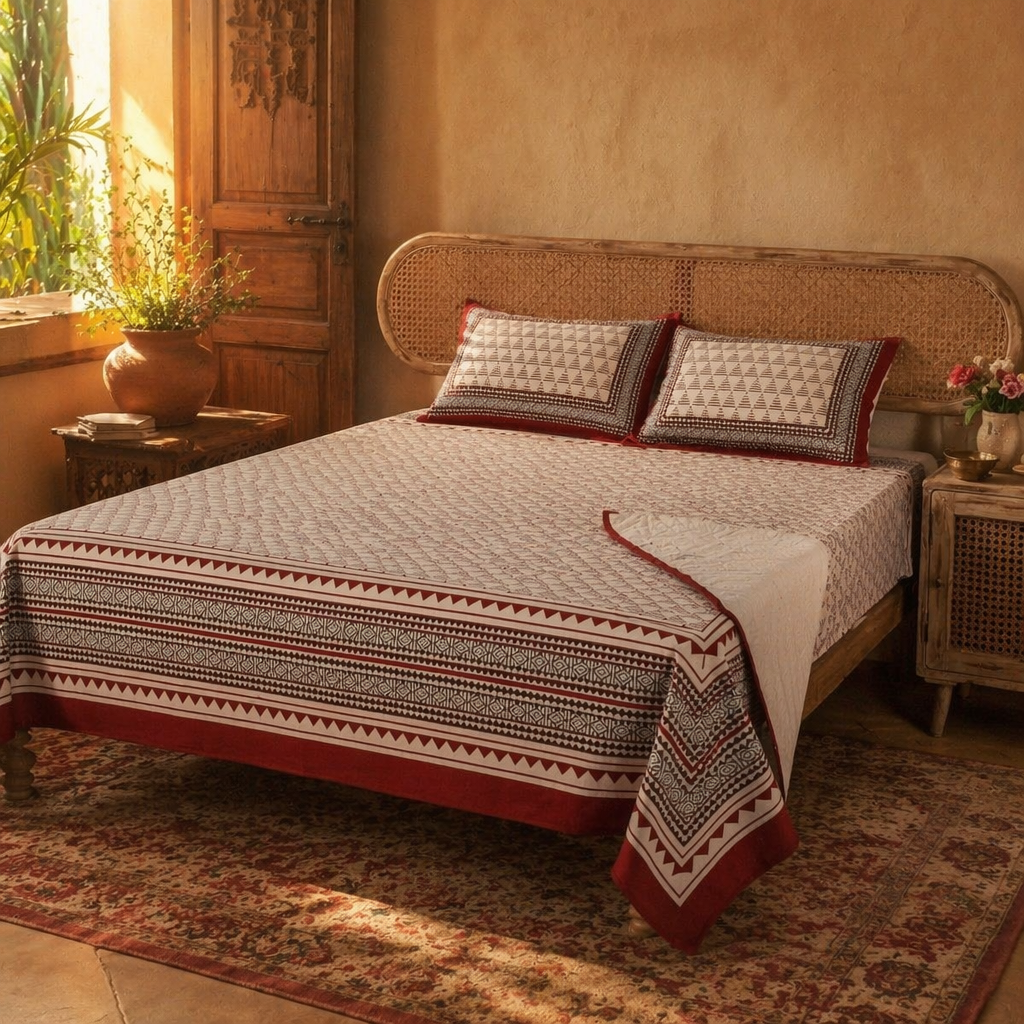 Bagru Geometric Cotton Bedsheet in Black and Maroon, The Linen Room. Handmade in India by House of Taraasha.