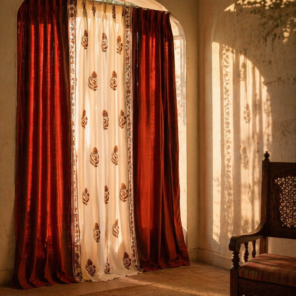 Chintz Assorted Set Off-White, Brick Red and Navy Cotton Curtains, The Draped Window. Handmade in India by House of Taraasha.
