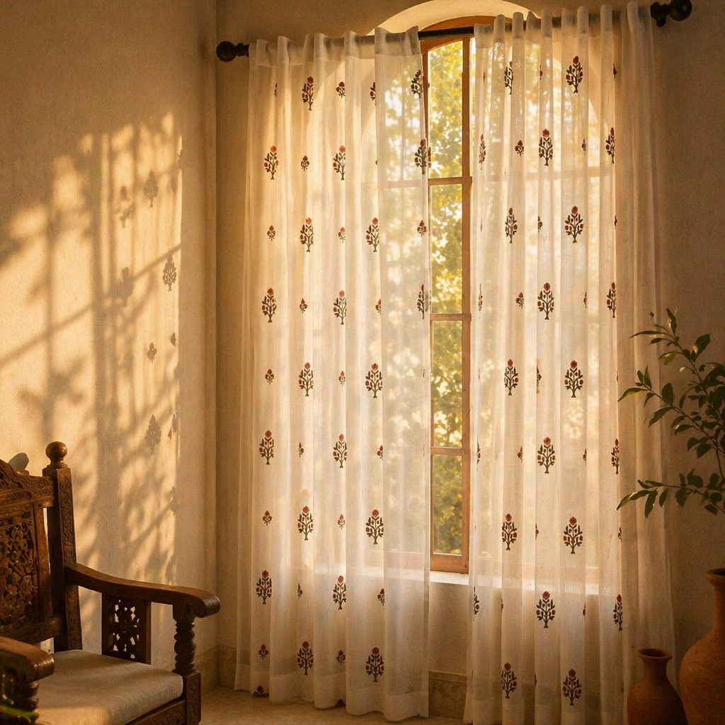 Mulmul Sheer Hand-Printed Rust and Green Floral Curtain, The Draped Window. Handmade in India by House of Taraasha.