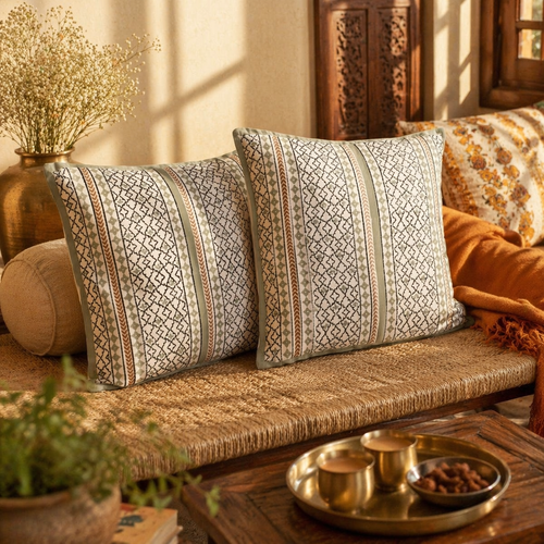 Aqua Stripe Hand Block-Printed Cotton Cushion Cover, The Living Room. Handmade in India by House of Taraasha.