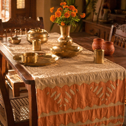 Applique Cutwork Runner Taupe and Rust, The Gathered Table. Handmade in India by House of Taraasha.
