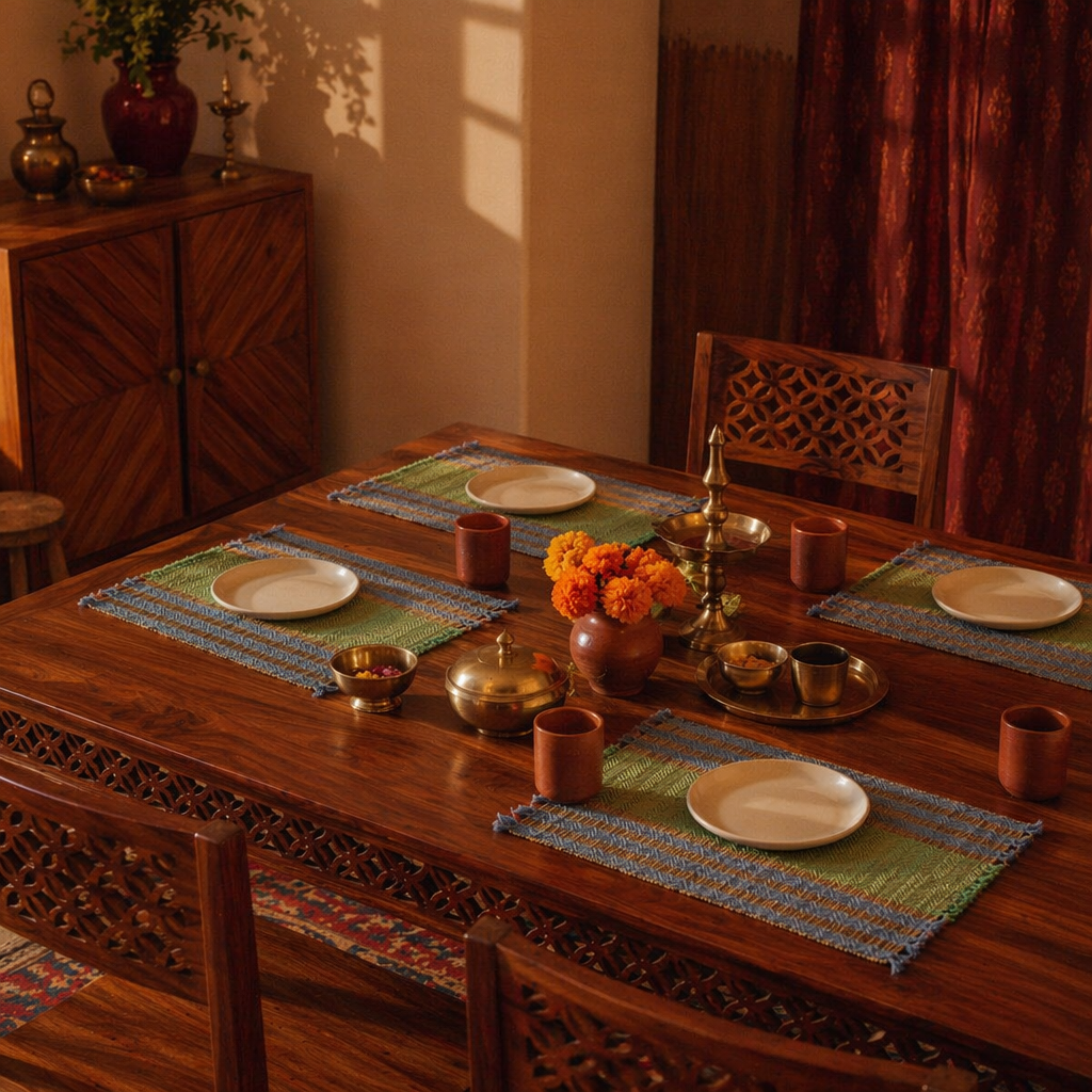 Powder Blue & Aqua Green Madur Grass Table Mat, The Gathered Table. Handmade in India by House of Taraasha.