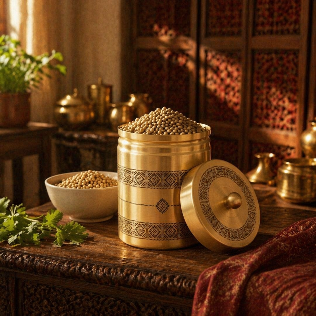 Kanjeevaram Brass Kitchen Jar Duo, The Brass Atelier. Handmade in India by House of Taraasha.