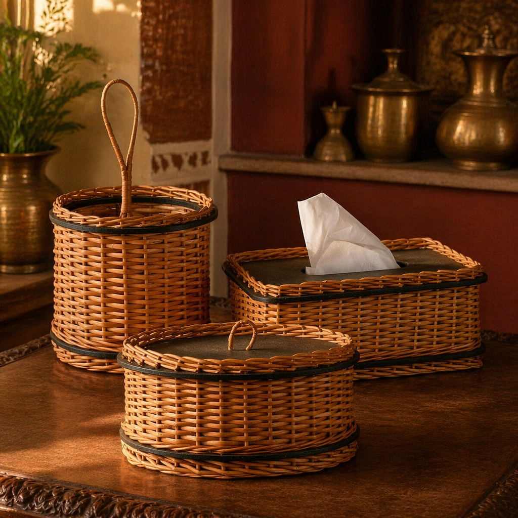 Kashmir Willow Storage Box, Tissue Box & Cutlery Caddy, The Wicker House. Handmade in India by House of Taraasha.