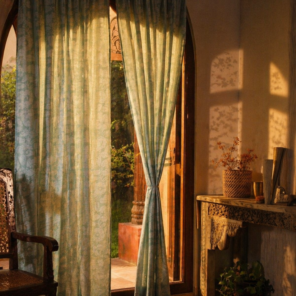Teal Karhuwa Cutwork Door Curtain, The Draped Window. Handmade in India by House of Taraasha.