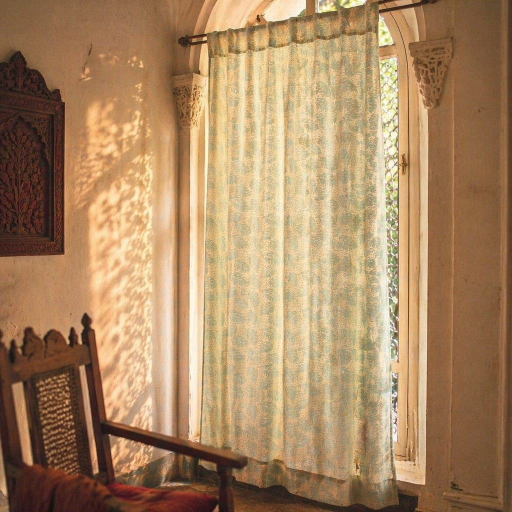 Karhuwa Summer Leaves Cutwork Sky Blue Sheer Curtain, The Draped Window. Handmade in India by House of Taraasha.
