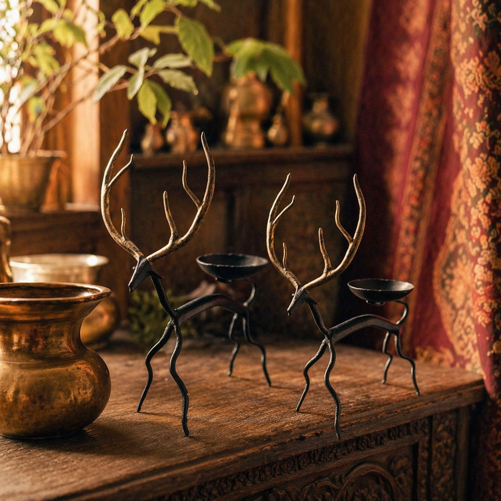 Golden Deer Bastar Lohshilp Wrought Iron Tea Lights, Still Light. Handmade in India by House of Taraasha.