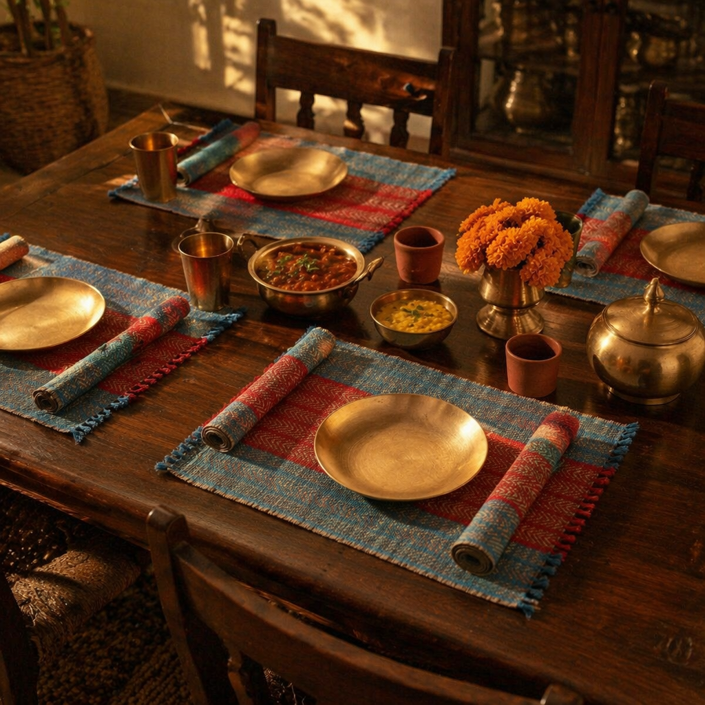 Crystal Teal & Red Madur Grass Table Mat, The Gathered Table. Handmade in India by House of Taraasha.