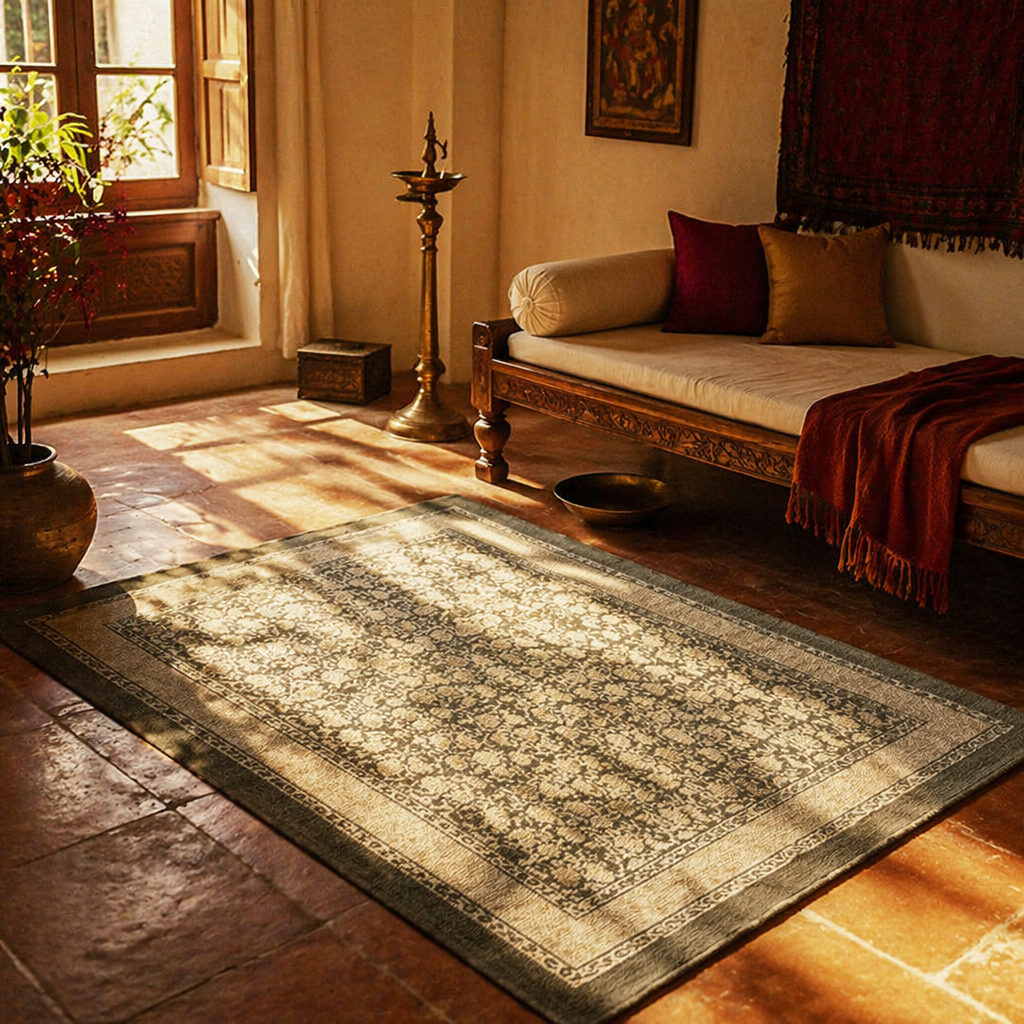 Ivory and Charcoal Hand Block-Printed Cotton Rug, The Woven Floor. Handmade in India by House of Taraasha.