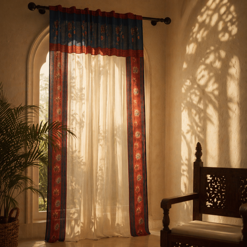 Vintage Chintz Ivory, Maroon and Navy Floral Stripe Curtain, The Draped Window. Handmade in India by House of Taraasha.