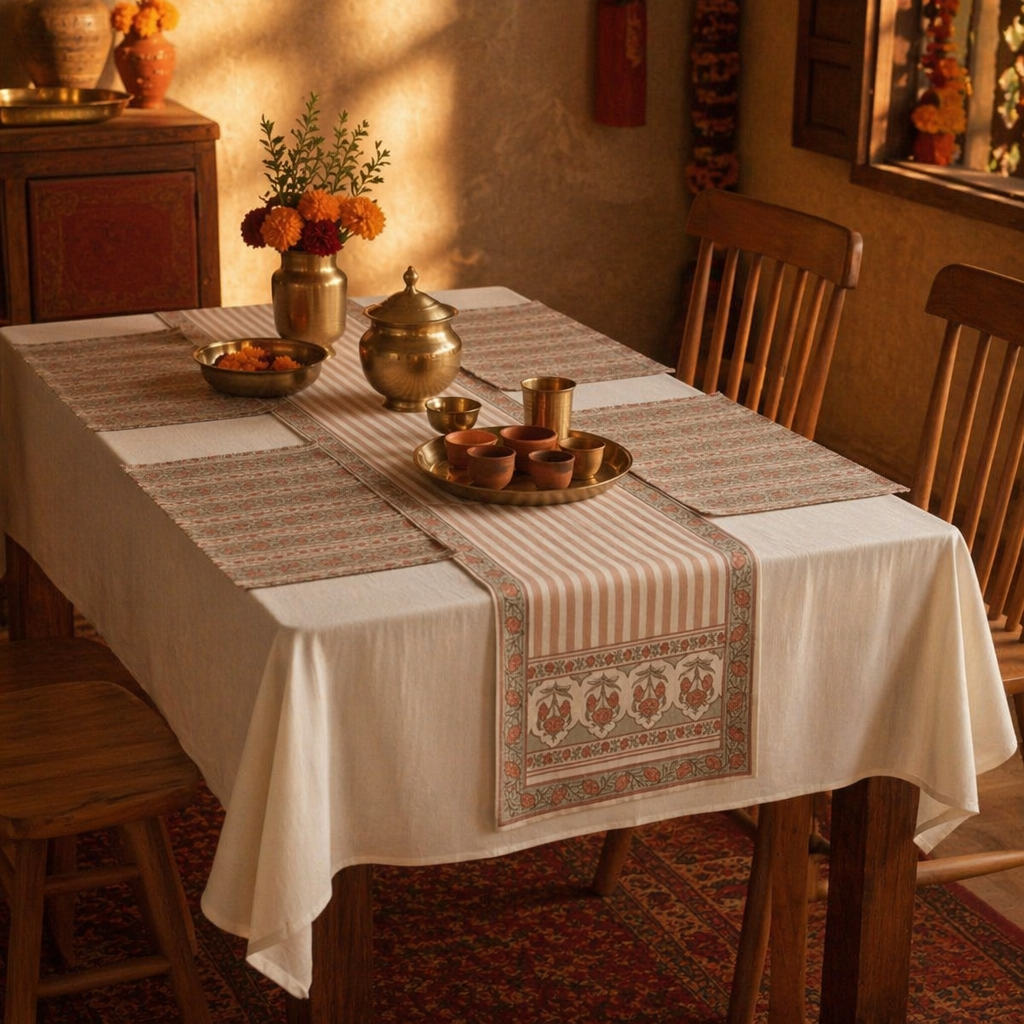 Royal Courtyards Runner and Mat Set Dusty Pink and Off-White, The Gathered Table. Handmade in India by House of Taraasha.